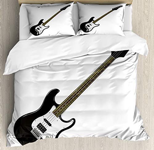 ABAKUHAUS Guitare Ensemble de Housse de Couette, 4 Cordes Basse Musique, Décoratif, 3 Pièces avec 2 Taies d'oreiller, 200x200 cm, Noir Blanc