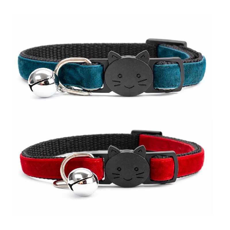 Velvet Cat Collars with Bell. Safe Quick Release Breakaway Buckle | Zacal Cat Collars (Emerald Green & Red, Pack of 2)