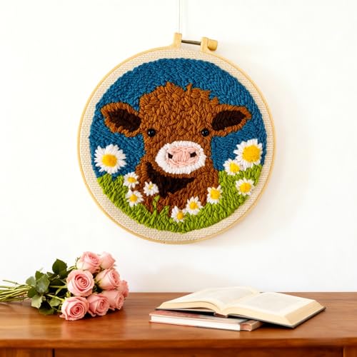 Image of DIY Punch Needle Kits Highland Cow with Daisy Flower with Hoop 20x20cm-1 | with Pattern Stamped Easy for Beginners Embroidery Punch Needle Starter Craft Set for Adults Festival Gift and Decoration