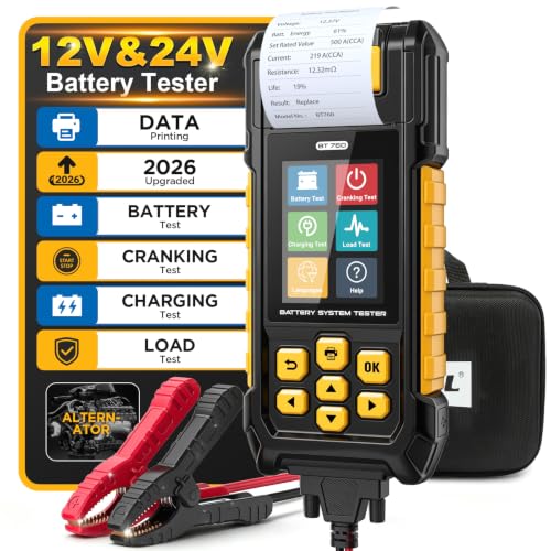 AUTOOL 12V 24V Car Battery Tester with Built-in Printer, Automotive Load Tester 30-2000 CCA, 3.2" Color Screen, Cranking &amp; Charging System Test for Car Truck Motorcycle ATV Boat - BT760