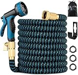50 ft Expandable Garden Hose - Kink Free Flexible Water Hose 50ft with 10 Pattern Spray Nozzle, 3/4 Solid Brass Connectors, Retractable Latex Core - Lightweight Expanding Hose