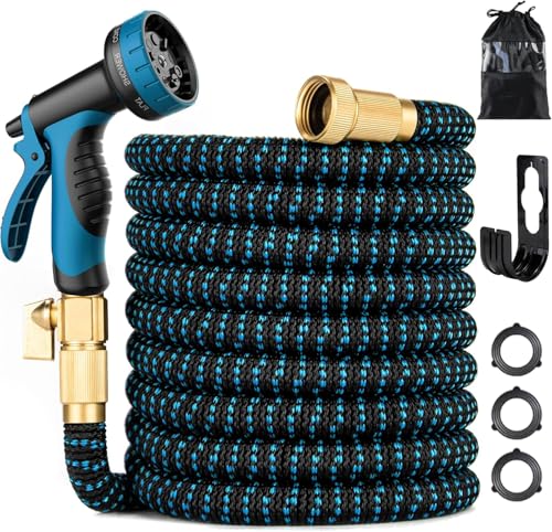 100 ft Expandable Garden Hose - Kink Free Flexible Water Hose 100ft with 10 Pattern Spray Nozzle, 3/4 Solid Brass Connectors, Retractable Latex Core - Lightweight Expanding Hose
