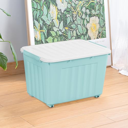 Cetomo 55L*6 Cajas de Almacenamiento con Tapas, Contenedores de Plástico con Ruedas, Clip On, Apilables, Encajables, Organizador Rayado para Oficina en Casa, Azul, 55L-6 Pack - imagen 2