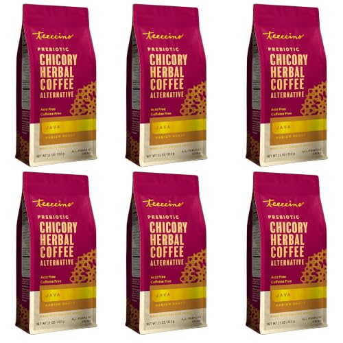Teeccino Java Chicory Coffee Alternative - 11 Ounce - Ground Herbal Coffee That’s Prebiotic, Caffeine Free & Acid Free, Medium Roast, (Pack of 6)