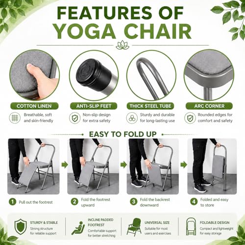 Image of Yoga Chair Foldable with Back Support Meditation Chair for Stretching Lumbar Support Yoga Chair for Back Pain Home Workout Men and Women Yoga Props Chairs (79Lx46Wx82H CM)