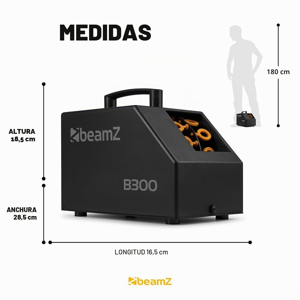 BeamZ B300 Máquina de burbujas, 10.000 burbujas/minuto, 25 W, pompero de jabón para bodas, máquina de efectos - Negro