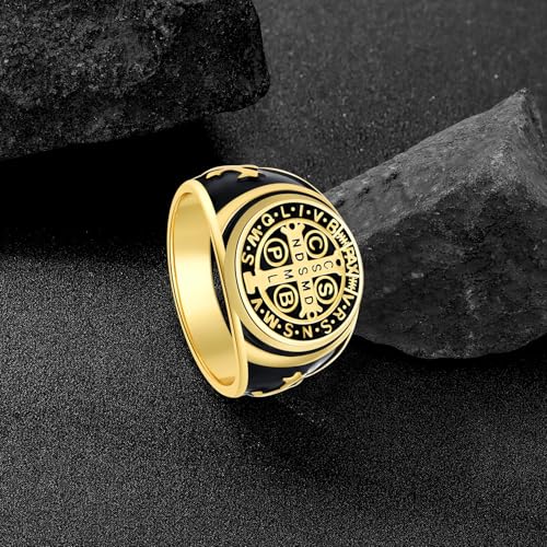 Odinstone Sterling Silver St Benedict Ring, Saint Benedict Exorcism Ring Catholic Roman Cross Protection Amulet Gifts for Men Size#7-134