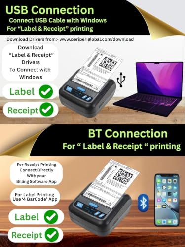 Image of PeriPeri 3Inch Heavy Duty USB+Bluetooth Label + Receipt 2in1 Thermal Printer, Inkless Portable Printer for Print Labels Receipt Bill Compatible with iOS, Android, Windows & Mac (1 Year Warranty)
