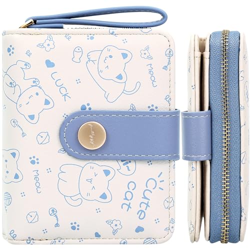 Image of Farcauo Cat Pattern Wallet for Women and Ladies Small Cute Kawaii Blue Coin Purse with ID Window and Credit Card Holder Compact Wallet for Women and Ladies