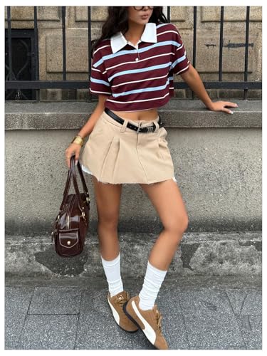 Image of RoseSeek Women's Preppy Striped Button Down Crop Tops Collar Neck T Shirt