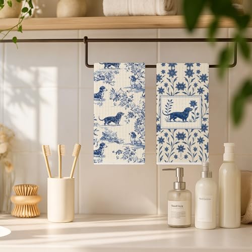 Image of Blue Chinoiserie Dachshund Kitchen Towels, Dachshund Lover Gifts, Wiener Dog Gifts Dish Tea Towels for Kitchen, Vintage French Toile Dog Decorative Hand Towel for Bathroom, 16x24 Inch Set of 2