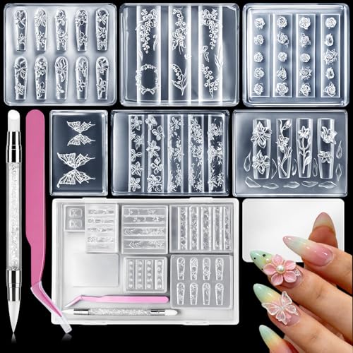 Fudmohu 6pcs 3D Flower Silicone Nail Art Molds Kit with Tools Reusable Clear Carving Molds for UV Gel Resin Molds with 3D Relief Flowers & Butterfly Design for DIY Manicure at Home & Salon