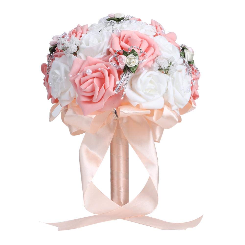 Bouquet Da Sposa Artificiale Con Perle - Fiori Di Seta In Tono Rosa - Dimensioni 26x21 Cm - Per Matrimonio, Decorazione Fai Da Te, Festa