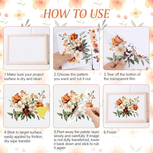 HICOHAND Rub on Transfers for Crafts 6 Sheets 15cmx30cm/5.91 * 11.81in Vintage Orange Floral Patterns Waterproof UV DTF Furniture Transfer Stickers for DIY Crafts Wood Glass Farbic - Image 3