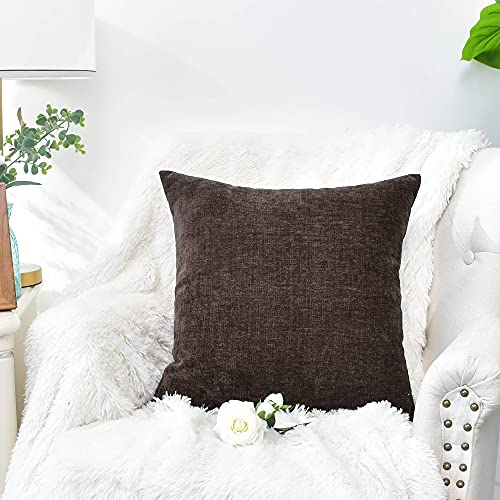 Image of CaliTime Pack of 2 Cozy Throw Pillow Covers Cases for Couch Sofa Home Decoration Solid Dyed Soft Chenille 12 X 12 Inches Coffee