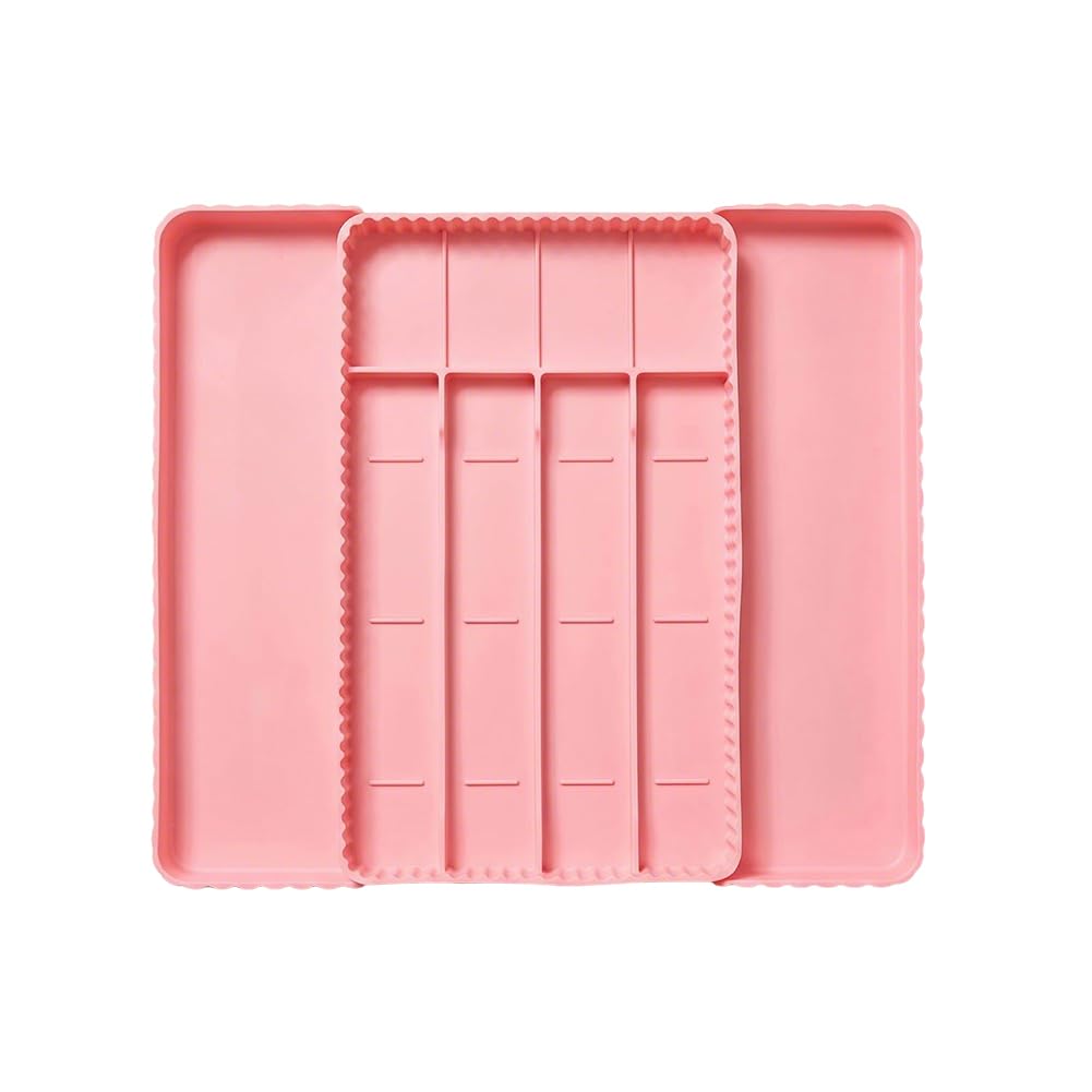 Introti Utensil Drawer Organizer Food-Safe Expandable Silverware Organizer Flatware and Cutlery Holder Adjustable Plastic Storage for Spoons Forks Knives (Pink)