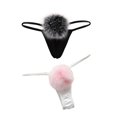 ADESUGATA Womens Thong Pantie Cute Rabbit Tail Low Waist G-String Fur Ball Solid Bikini T-Back Cosplay Bunny Girl Underwear - One Size - Black Pink
