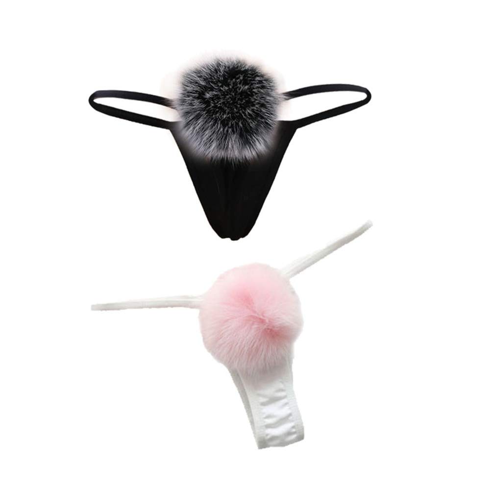 ADESUGATA Womens Thong Pantie Cute Rabbit Tail Low Waist G-String Fur Ball Solid Bikini T-Back Cosplay Bunny Girl Underwear: 0-1 Black,pink