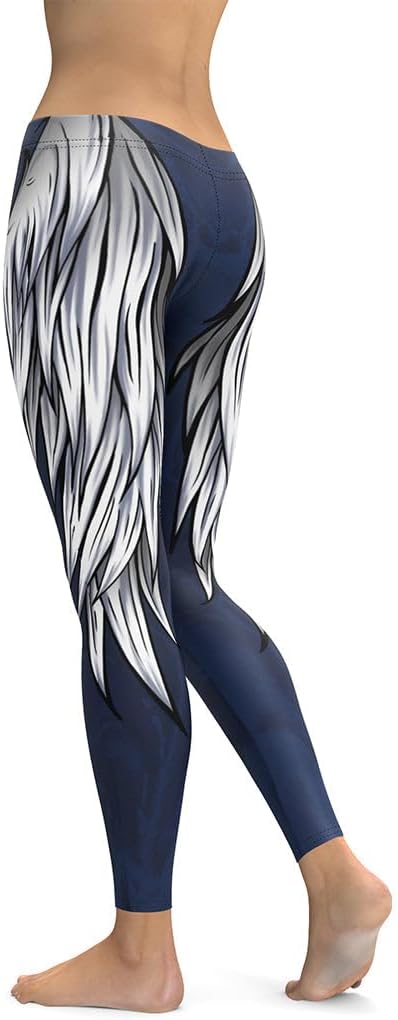 FIERCEPULSE Angel Wings Signature Leggings for Women – Mid Waisted, Stretchy Pants Printed Leggings for Workout & Exercise