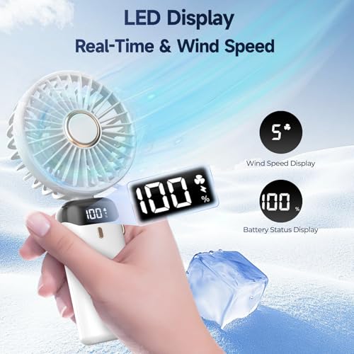 Image of Rechargeable Portable Handheld Fan,3000mAh Battery Operated Mini Fan,5 Speeds and LED Display,Long Lasting Desk Fan for Office,Bedroom,Outdoor Activities and Travel (White)