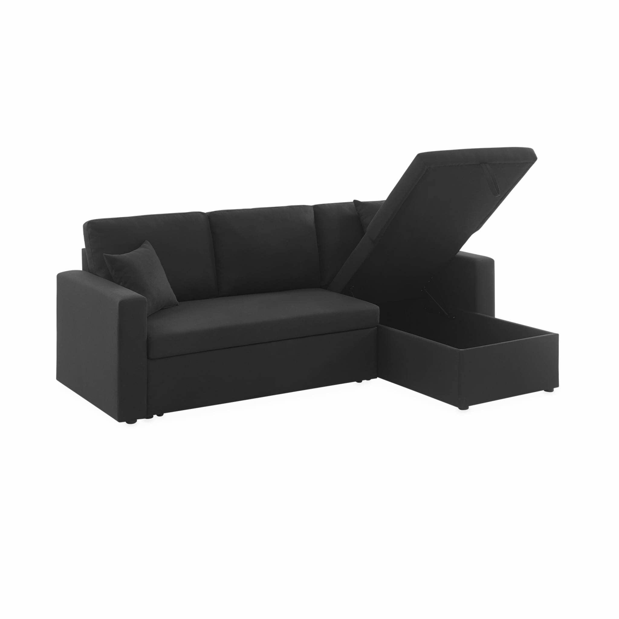 Sweeek - Canapé d'angle Convertible en Tissu Noir - IDA - 3 Places. Fauteuil d'angle réversible Coffre Rangement lit modulable