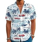 Funny Hawaiian Shirt Palm and Retro Car Beach Short Sleeve Holiday Aloha Shirt Casual Button Down Shirt White