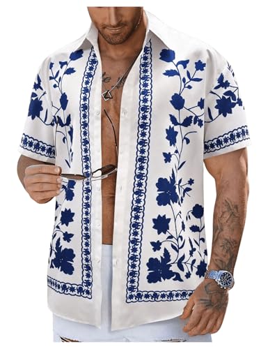 OYOANGLE Men's Floral Print Button Down Shirt Boho Short Sleeve Collar Vacation Holiday Tops