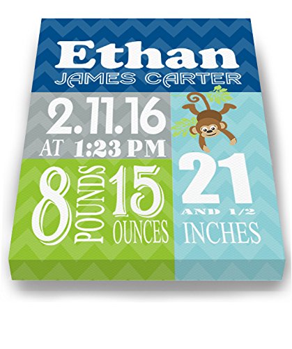 Personalized Stretched Canvas Birth Announcement Gift, Custom Baby Name, Date, Weight Stats, Newborn Nursery Monkey Wall Art Decor, Wooden Frame Construction, Ready to Hang 16X20