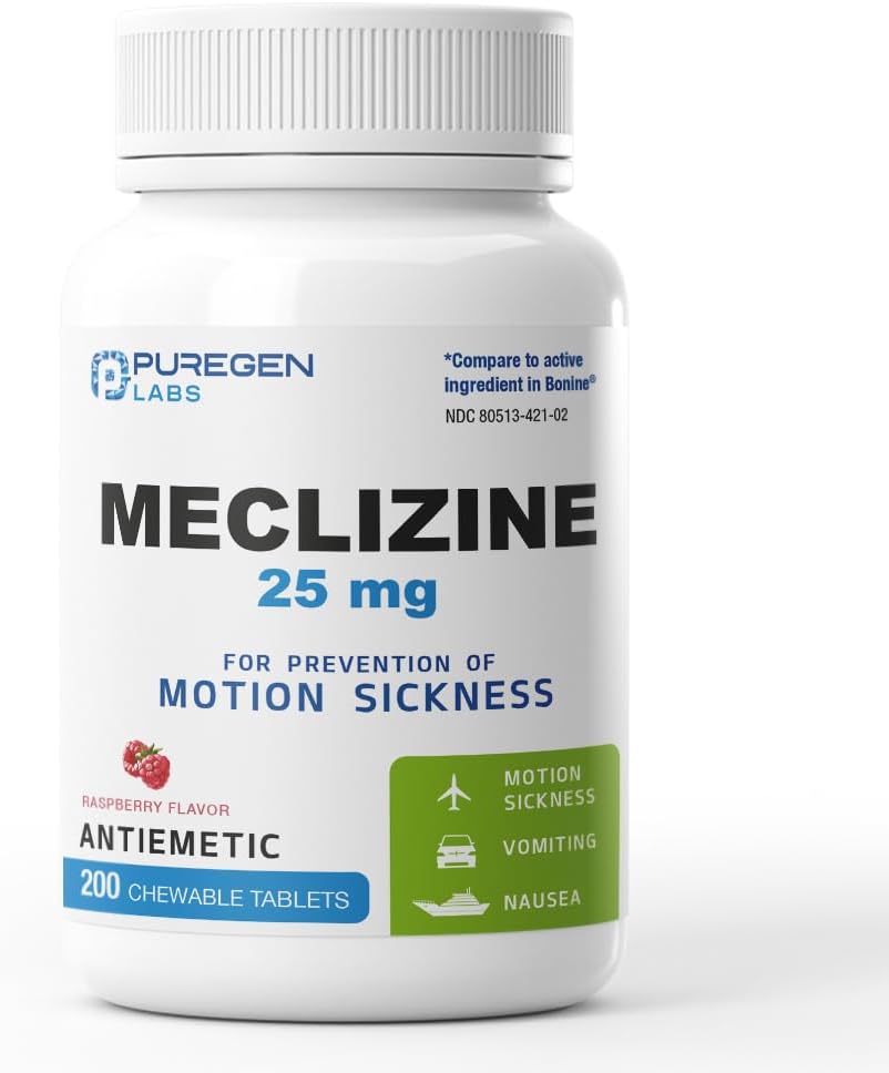 Puregen Labs Meclizine 25 mg Antiemetic 200 chewable Tablets | Motion Sickness Relief - Prevent Nausea, Vomiting, and Dizziness | Dairy Free | Value Pack – 200 chewable Tablets