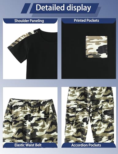 Image of mksodopy Boys Clothes Outfits Set, Camo Cargo Pants and Short Sleeve Pocket Tee 2PC Summer Tracksuit for Kids 5-16Y