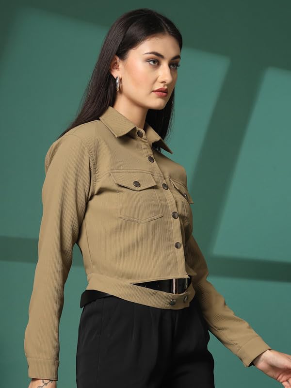 Image of CHKOKKO Solid Crop Jackets for Women stylish latest Long Sleeve Stylish Winter Shirt Jacket Casual Outerwear for Office