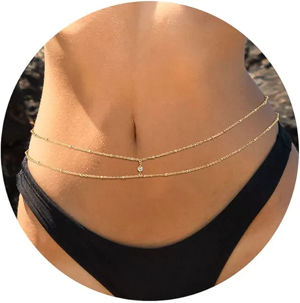 FIBO STEEL 18K Gold Plated Waist Chains Body Chains for Women Stainless Steel Bikini Belly Chains Layered Summer Beach Body Jewelry Adjustable