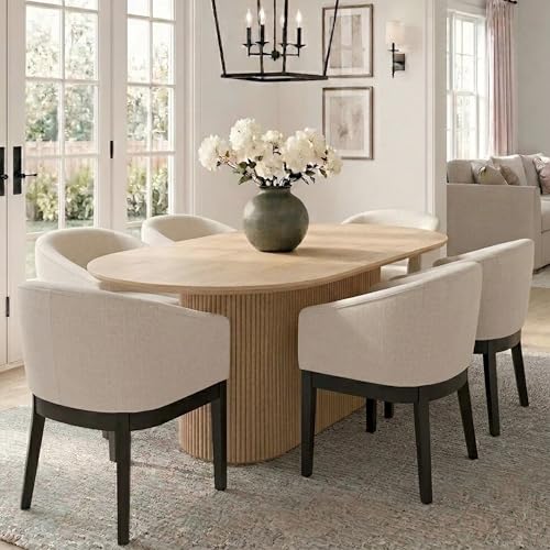 Image of HNY Barrel Dining Chairs Set of 6, Mid Century Modern Upholstered Dining Chairs with Arms, Linen Kitchen & Dining Room Chairs, Solid Wood Frame Accent Chairs for Kitchen, Apartment, Cream