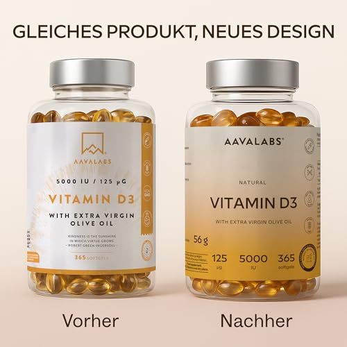 Vitamin D3 Hochdosiert Depot 5000 IU 365 Kapseln - Vitamin D3 5000 IE mit kaltgepresstem nativem Olivenöl Extra für optimale Absorption - Vitamin D Hochdosiert Ohne Gentechnik, glutenfrei, laktosefrei