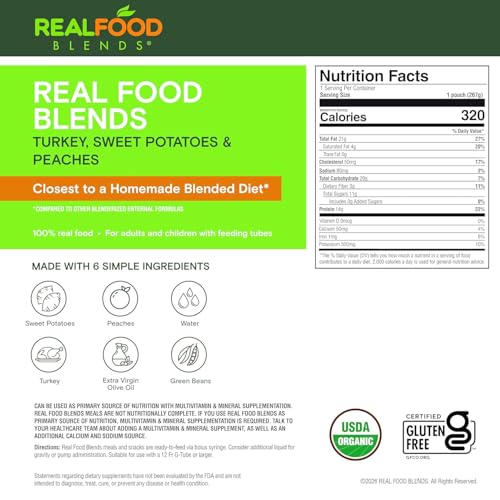 Image of REAL FOOD BLENDS Turkey, Sweet Potatoes & Peaches, Pureed Food Meal for Tube Feeding, 14g Protein, 23 Vitamins and Minerals, 9.4 oz (12 Pack)