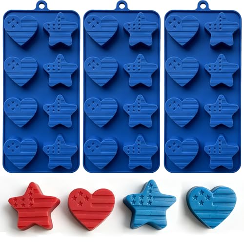 3 Pack 4th of July Silicone Molds Independence Day Patriotic Chocolate Candy Molds with American Flag Heart & Star Shapes Silicone Chocolate Molds for Candy Soap Ice Cupcake Toppers