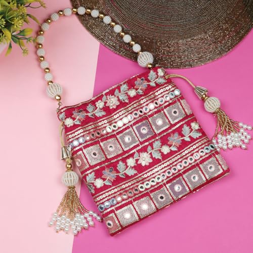 Image of LONGING TO BUY Indian Embroidered Pearl Potli Bag For Women, Sequence Design with Tassel, Wedding Potli Bags