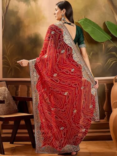 Image of Women's Georgette Bandhani Printed Embroidery Saree with Unstitched Blouse Piece