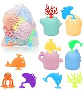 Baby Bath Toys, 13 Pcs Silicone Mold Free Bath Toys with a Storage Bag, Squeezable Dinosaurs Bath...
