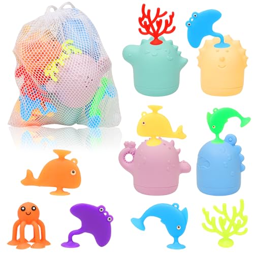 Image of Baby Bath Toys, 13 Pcs Silicone Mold Free Bath Toys with a Storage Bag, Squeezable Dinosaurs Bathtub Toys, No Hole Sensory Ocean Animal Suction Cup Toys for Toddlers 1 2 3 4 5 6 Years