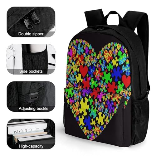 Autism Awareness Puzzle Heart Backpack Polyester Multipurpose Anti-Theft Shoulder Bag Big Capacity Gym Outdoor Hiking Backpack With Padded Straps3