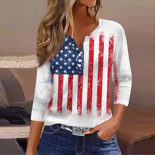 Image of 4th of July Shirts Women 3 /4 Length Sleeve Womens Tops Henley Neck Casual Patriotic T Shirts