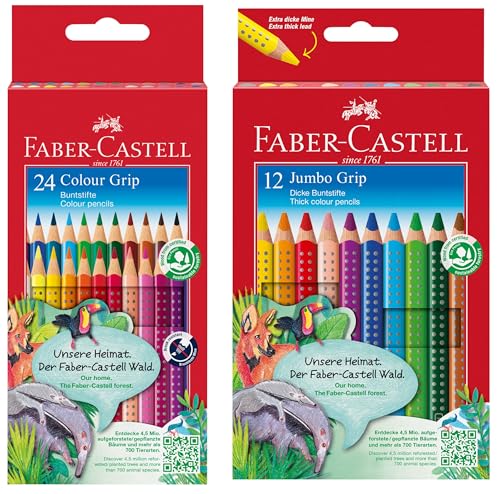 Faber-Castell 110912 Jumbo Grip Buntstifte für Kinder, Malstifte mit Grip und dreieckigem Schaft, wasserlöslichen Pigmenten, leicht auswaschbar und bruchsicher (12er Set + 24er Slim Set)