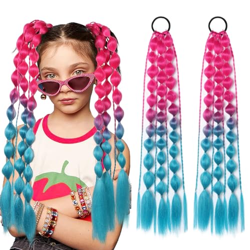 Colored Hair Extensions, Behufun 2Pcs 20" Lightweight Colored Hair Extensions for Kids Bubble Ponytail Extension with Hair Tie, Ombre Crazy Hair Day Accessories for Girls Festival Rave B41
