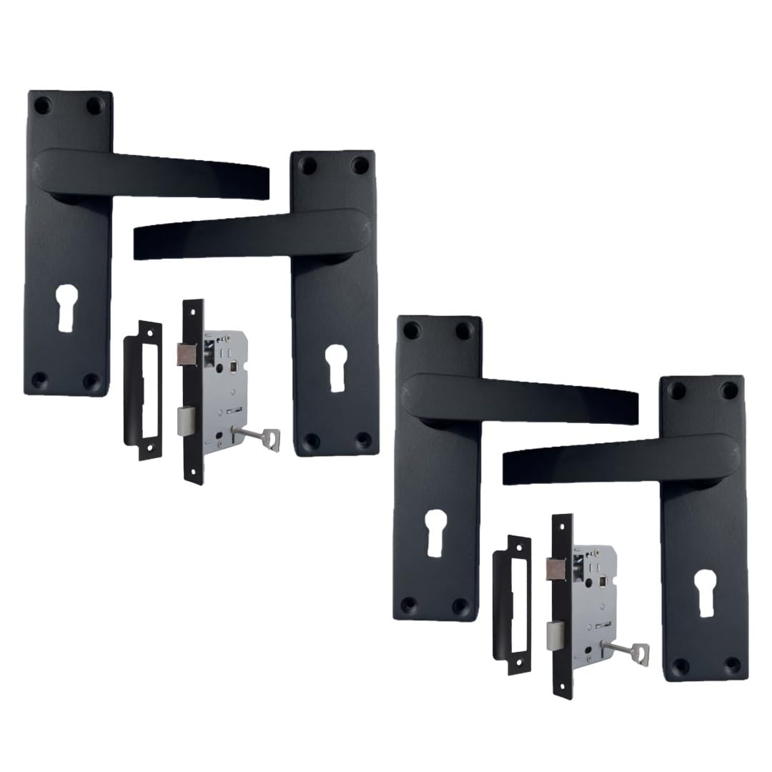 Epsom Door Handle Black Victorian Straight Matt Lock Set – Backplate Design 150Mm X 42Mm – Includes 3 Lever Mortice Sash Mechanism – 2 Pairs