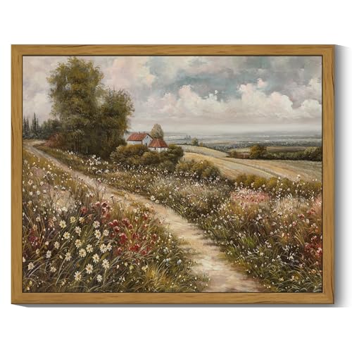 SHENIFY Vintage Landscape Framed Wall Art Rustic Countryside Wildflower Field Farmhouse Decor Retro...