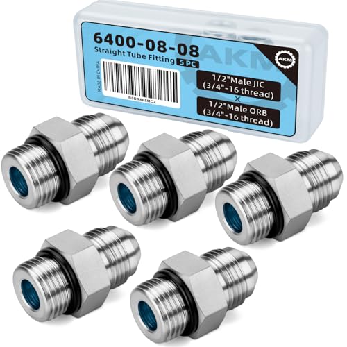 Image of Straight Hydraulic Hose Adapter Fittings, 6400-08-08 1 /2 inch Male JIC (3 /4 inch-16 thread) x 1 /2 inch Male ORB (3 /4 inch-16 thread) Connectors x 5 pack