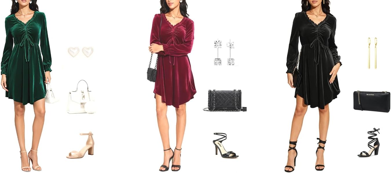 Jayscreate Women's V Neck Velvet Dress Tie Front Waist 2024 Ruffle Long Sleeve Wedding Guest Short Wrap Formal Dress - Image 6