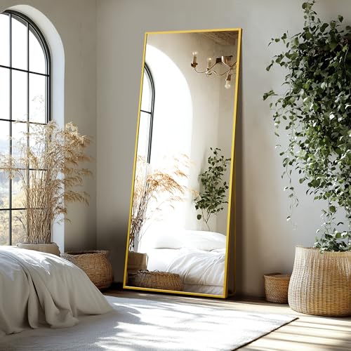 Delma Full Length Standing Mirror,Large Floor Mirror with Aluminum Frame for Bedroom, Bathroom, Living Room,Wall Mount or Freestanding Design(with Stand,Rect 69x24-Gold)
