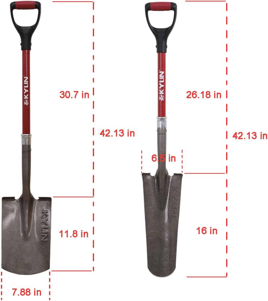 KYLIN Garden Spade Shovel and Drain Spade for Digging Trenches Gardening Construction Heavy Duty Fiberglass D-Handle Shovel 2-Piece Set